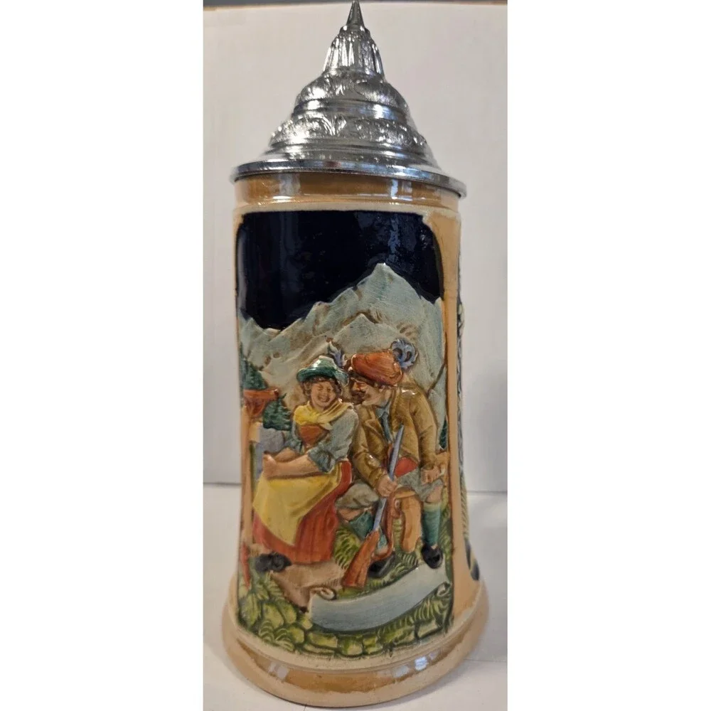 Vintage German Beer Stein Lidded Made‎ in West Germany Pewter Lid Alpine Scene